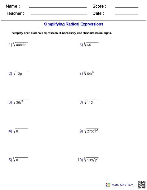 Algebra 1 Worksheets | Radical Expressions Worksheets | Radical expressions, Simplifying ...