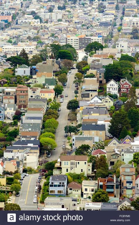 Aerial view of a typical San Francisco hill landscape. A view of the architecture, and steep ...