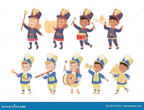 Set of Kids Playing Different Musical Instruments in Marching Band Parade Cartoon Vector ...