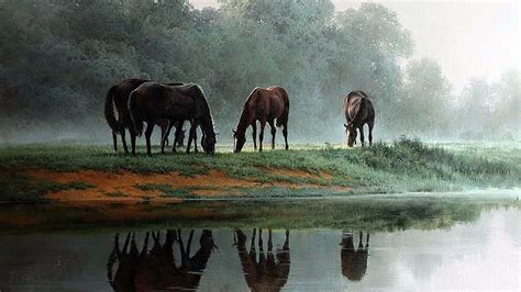 art, Oil, Painting, Drawing, Trees, Wild, Horses, Meadow, Pond