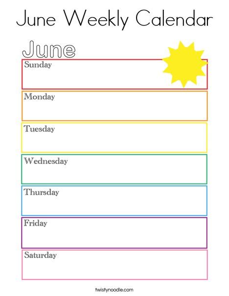 June Weekly Calendar Coloring Page - Twisty Noodle