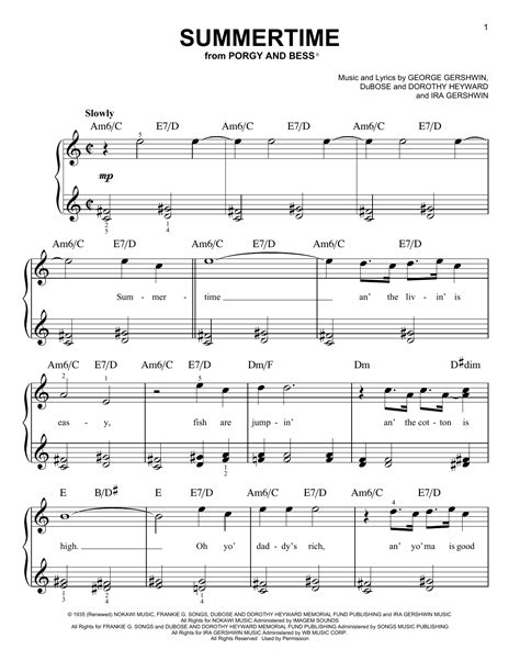 Summertime Sheet Music | George Gershwin | Very Easy Piano