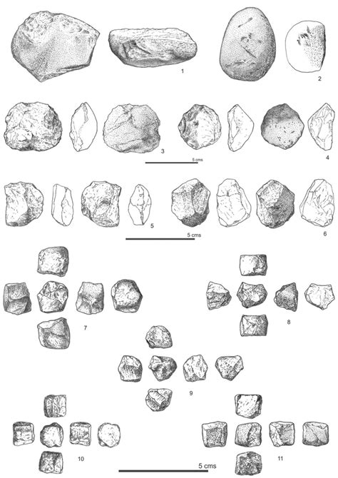 Anvil, hammerstones and cores: flint anvil (1), quartzite hammerstone ...