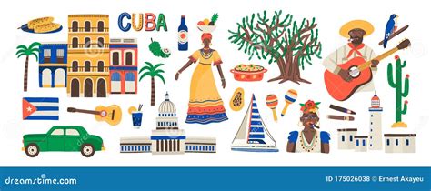 Set of Various Traditional Cuba Colorful Attributes Vector Flat Illustration. Collection of ...