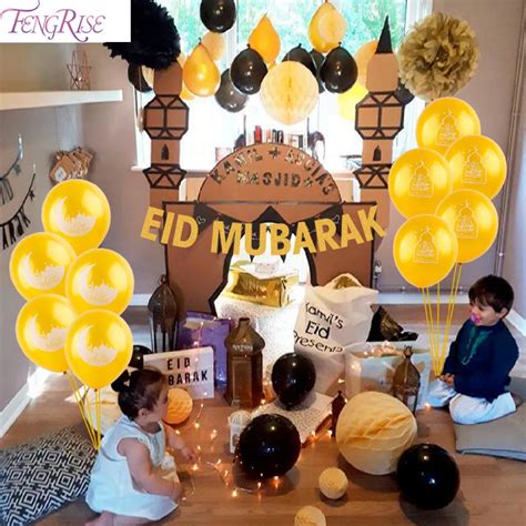 FENGRISE EID MUBARAK Paper Banner and Balloons Festival Party Decorations Happy Ramadan Muslim ...