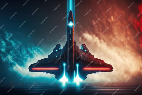 Premium Photo | Battle spaceship with neon lights futuristic flight in space background with ...