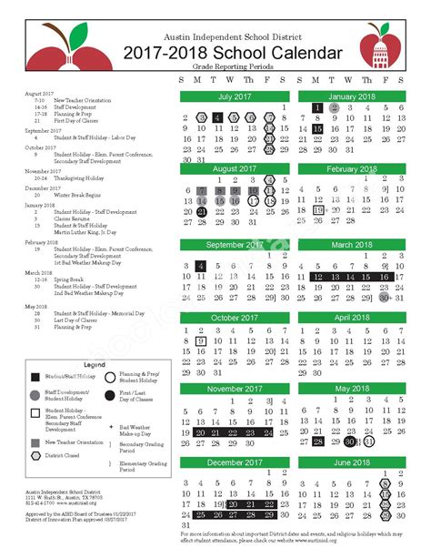 2017 - 2018 Calendar | Austin Independent School District – Austin, TX