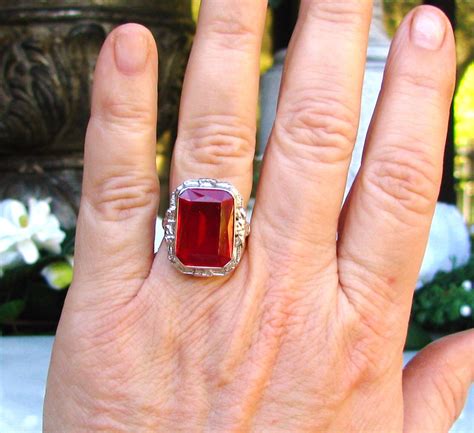 Vintage Emerald Cut Ruby Ring Large 14.00ct Synthetic Ruby | Etsy