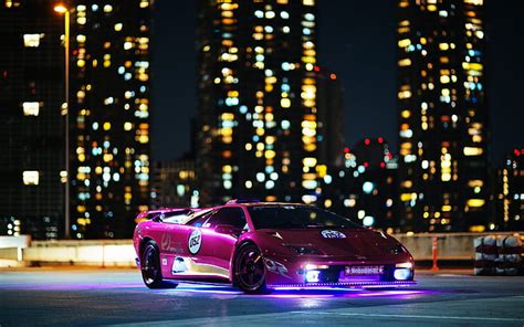 HD wallpaper: Purple Lamborghini supercar, night, buildings, lights ...