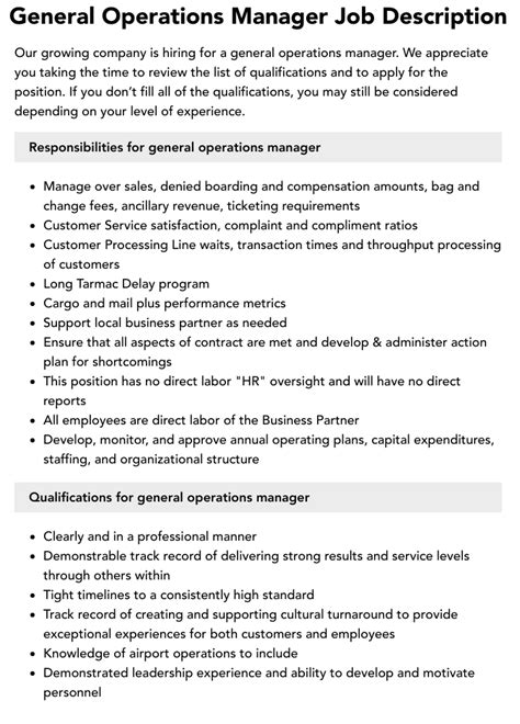 General Operations Manager Job Description | Velvet Jobs