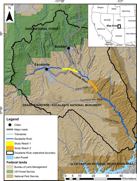 The Escalante River study area showing Study Reach 1 and Study Reach 2... | Download Scientific ...