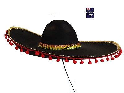 Black Mexican Sombrero Hat Gold Trims Pom Poms Spanish Fancy Dress Party Costume | eBay