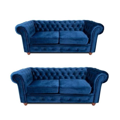 Chesterfield 3+2 Sofa Set Blue Velvet - Vintage Furnishing