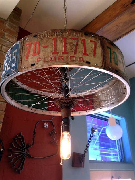 Chandelier Pendant Lamp made from License Plates and Bike Rim • iD Lights