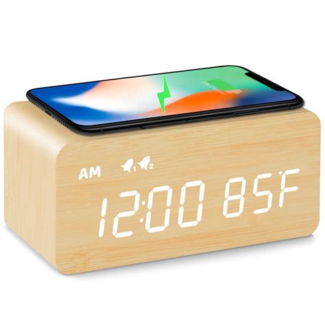 MOSITO Digital Wooden Alarm Clock with Wireless Charging, 0-100% Dimmer ...