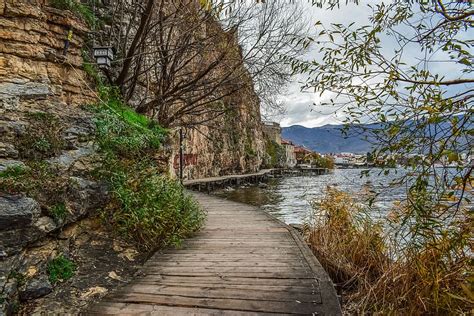 footpath, wooden, lake, morning, winter, landscape, path, lake ohrid, north macedonia, tourism ...