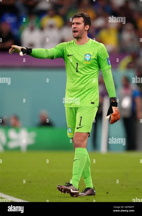 Brazil goalkeeper Alisson during the FIFA World Cup Group G match at Stadium 974 in Doha, Qatar ...