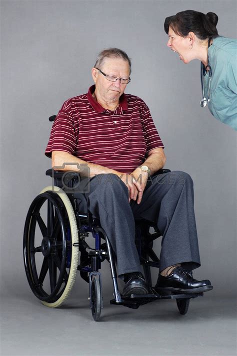 Sad senior man in wheelchair being shouted at by nurse by Mirage3 Vectors & Illustrations with ...