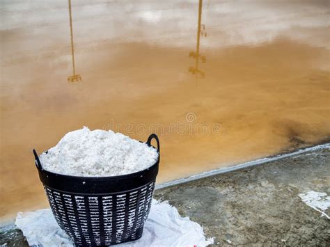 White Sea Salt in Plastic Basket Near Salt Evaporation Ponds. Salt Farming, Salt Process ...