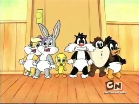 several cartoon characters are standing together in front of a door