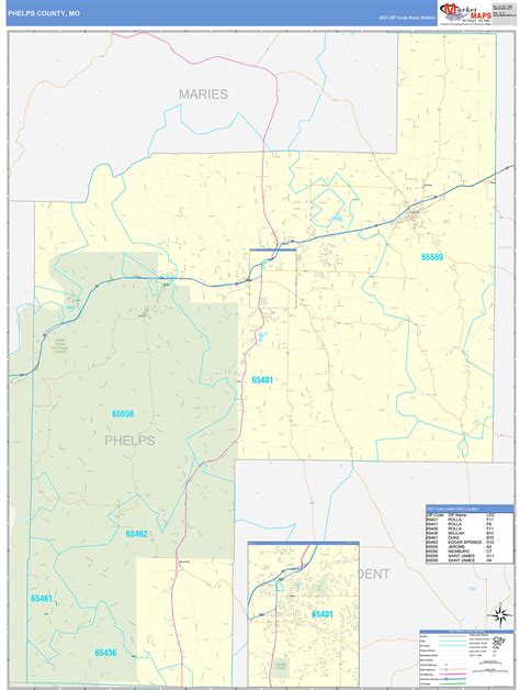 Phelps County, MO Zip Code Wall Map Basic Style by MarketMAPS - MapSales