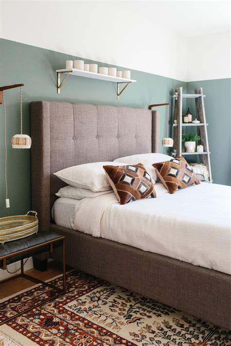 pink linen sheets from @garnetthill, gray bed frame from @livingspaces, and sage green walls ...