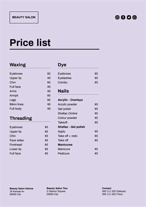 Free Purple Beauty Salon Price List template to design