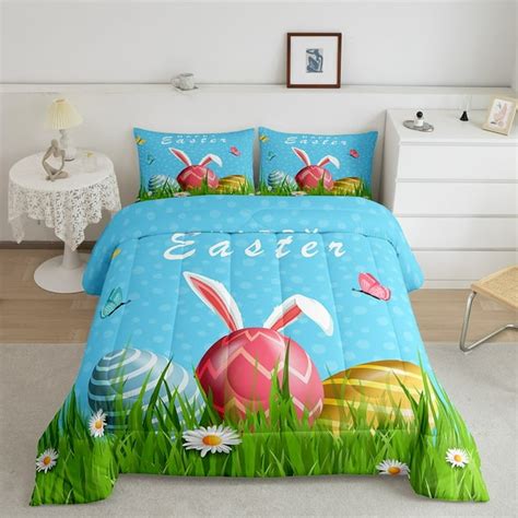 Cartoon Rabbit Comforter Set King Size Happy Easter Themed Bedding 3 Piece Rustic Floral ...