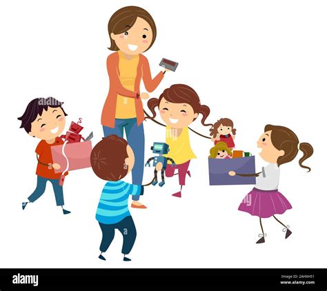 Illustration of Stickman Kids Playing a Cleaning Game with Teacher Holding a Timer Stock Photo ...