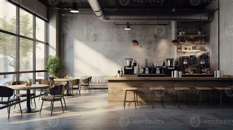 A modern and stylish coffee shop interior with sleek furniture ...