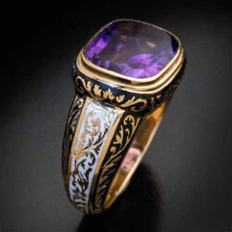 Antique Amethyst Enamel Gold Mens Ring - Gem