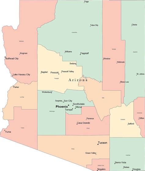 Arizona map in Adobe Illustrator digital vector format with Counties County Names and Cities