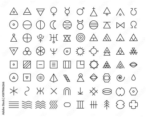 Line art icon set of esoteric glyphs, pictograms and symbols. Mystic and alchemy signs linear ...