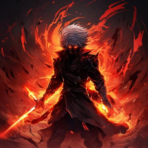 Premium AI Image | Anime style cartoon character holding fire sword with fire background