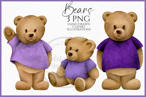 Purple Teddy Bear Clipart PNG, Hand Drawn Watercolor Bear Clipart, Digital Instant Download ...