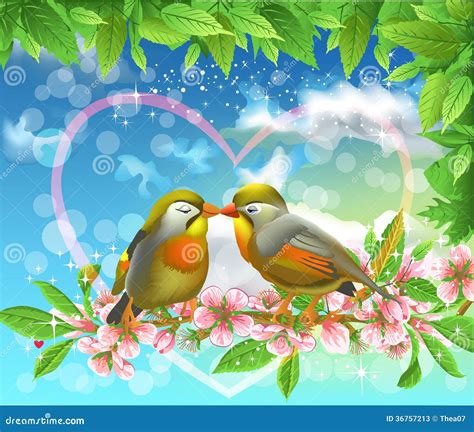 Loving Birds Kissing on a Branch Stock Vector - Illustration of leaves ...