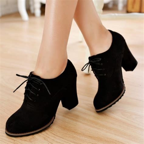 Black Suede Old School Vintage Lace Up High Heels Women Oxfords Shoes