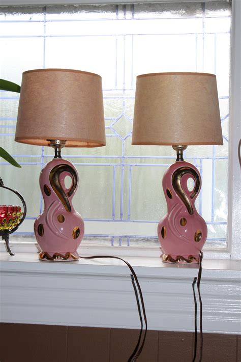 Vintage Pair Bedroom Lamps Mid Century Pink & Gold 1950s