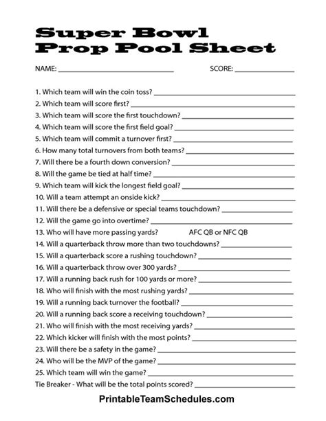 Super Bowl Prop Bets Printable Sheet