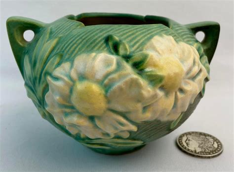 Sold Price: Vintage c. 1942 Roseville Pottery Peony Green w/ White ...