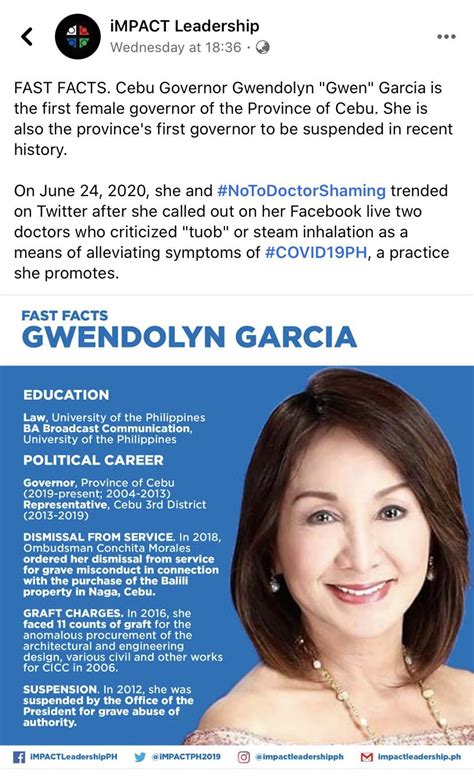 FAST FACTS. Cebu Governor Gwendolyn "Gwen" Garcia is the first female ...