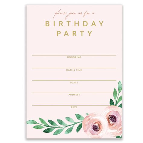 Pink Birthday Party Invitations Pretty Modern Floral Fill In Invites with Envelopes ( Pack of 50 ...