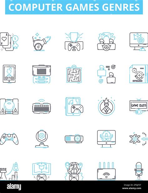 Computer games genres vector line icons set. Simulation, Shooter ...