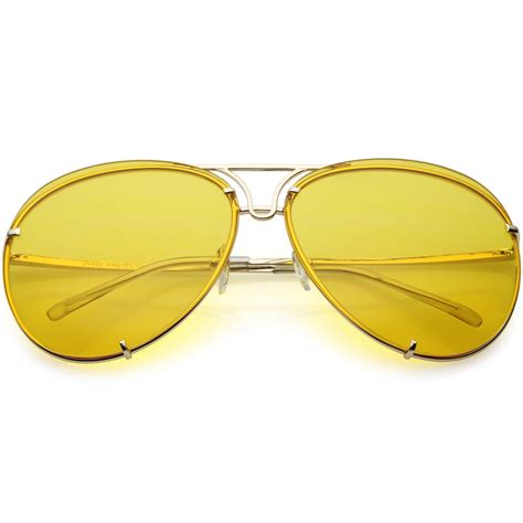 Oversize Rimless Aviator Sunglasses Unique Double Crossbar Color Tinted Lens 69mm (Gold / Yellow ...