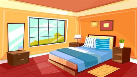 Cartoon bedroom interior background template. Cozy modern house room in morning light Free ...