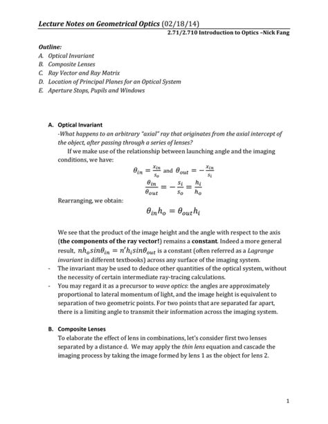 Lecture Notes on Geometrical Optics