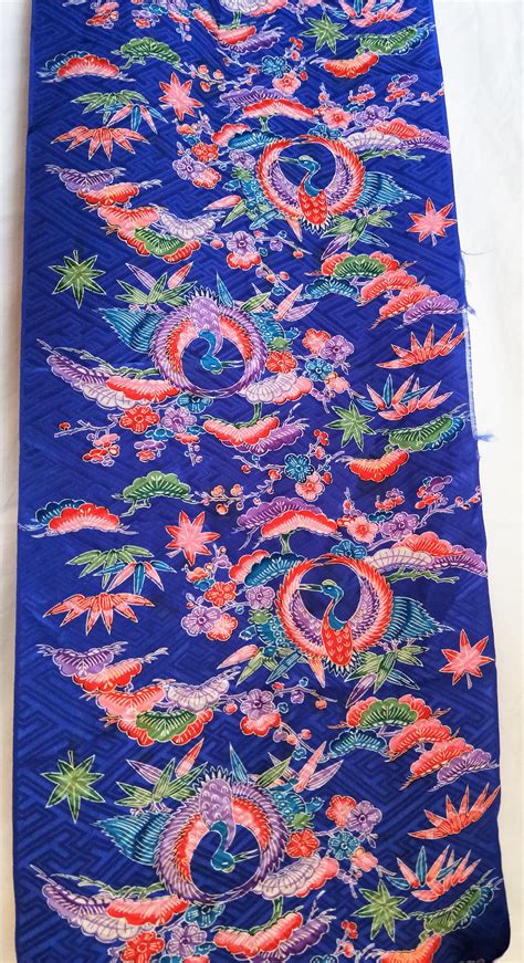 Vintage Japanese kimono fabric blue cranes, synthetic 100 cm x 35 cm ...