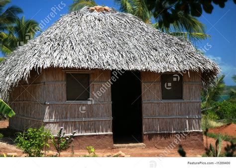 a hut with thatched roof and palm trees in the background