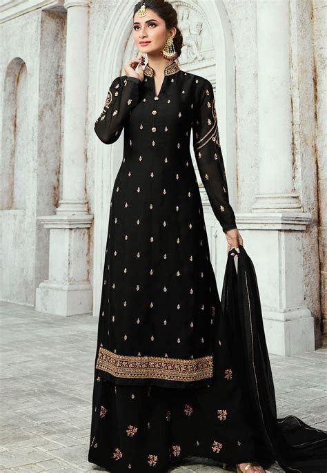 black satin georgette straight palazzo style suit 16103 | Designer ...