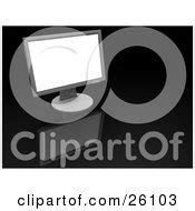 Black Flat Screen Computer Monitor Or Tv With A Blank Blue Screen, Resting On A Reflective White ...